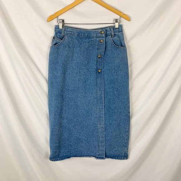 Vivaldi Jeanswear Vintage 90's Denim Wrap Side Slit Midi Skirt Size 12 - Picture 2 of 13
